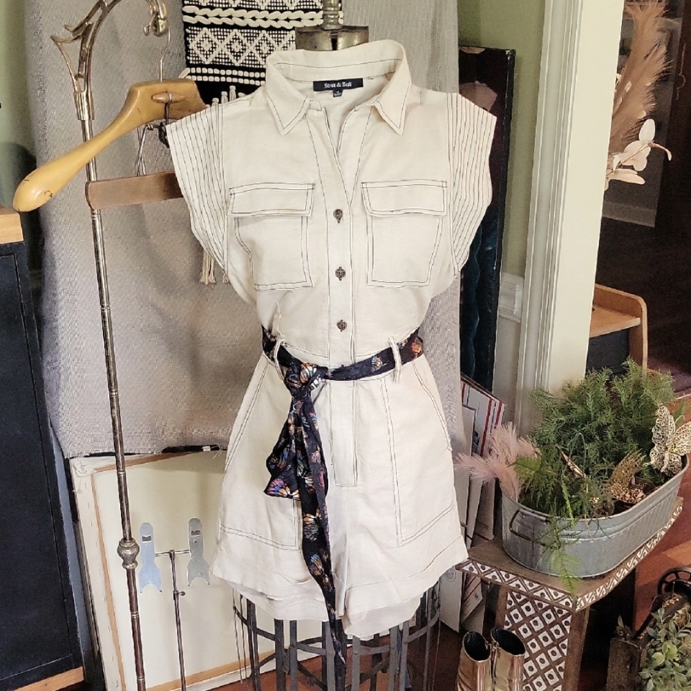 Cream Linen Button-Up Shorts Jumpsuit S